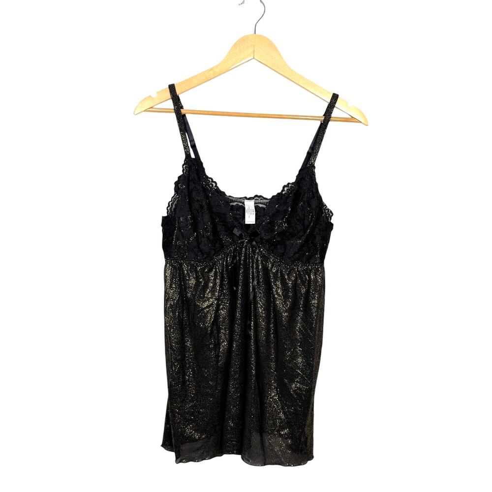 Cabernet Babydoll Tank Top Size XL Black Gold Floral Lace Metallic Lingerie Sexy